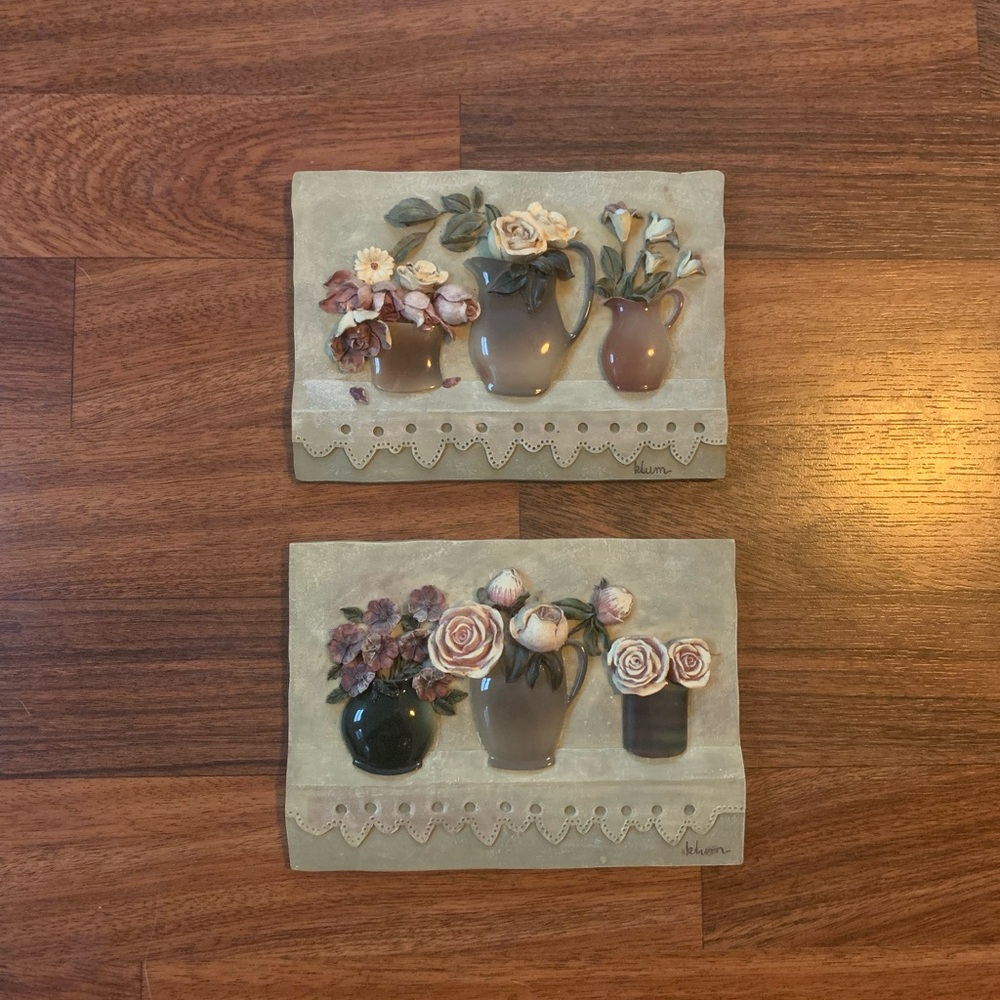 Pair (2) Vintage Cheri Blum 3D Wall Art Plaque Floral Pots Vases Signed